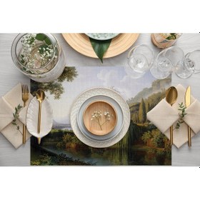 Resim Adawall Yeşil Orman Manzaralı Kumaş Amerikan Servis 4'lü Set Çok Renkli 