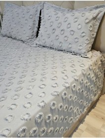 Resim Ponpon Desenli 3 Parça Çift Kişilik Yatak Örtüsü Gri 