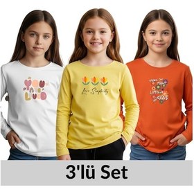 Resim 3'lü Yuvarlak Yaka Baskı Detaylı Kız Çocuk Sweatshirt Çok Renkli 
