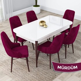 Resim Canisa Concept Lia Serisi, 80 x 132 cm Açılabilir Mutfak Masa Takımı, Beyaz Masa Ceviz Ayak 6 Sandalye 