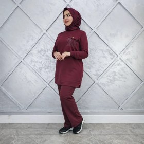 Resim Esra Butik Bordo Taş Detaylı Tesettür Tunik Pantolon Ikili Takım - Günlük Spor Şık Kombin 