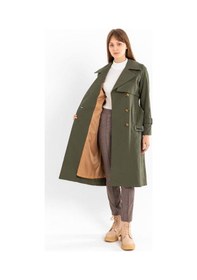 Resim Pastelastore %100 Pamuk Gabardin Uzun 110cm Astarlı Kemerli Kadın Trençkot 1111 Haki 