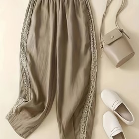 Resim Kadınlar için Şık Dantel Süslemeli Yüksek Bel Harem Pantolon - Zeytin Yeşili Kontrast Detaylı, Esnemez Kumaş, Makinede Yıkanabilir, Tüm Mevsimler İçin Rahatlık, Günlük Kullanım, Dekoratif Dantel Vurgular 