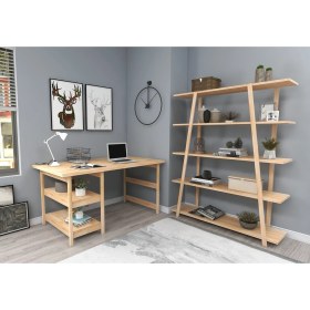 Resim Softcity Doğal Ahşap Çalışma Masası Kitaplık Takım 