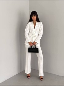 Resim han fashion Kadın Blazer Ceket Pantolon Takım Çizgili Beyaz Şal Yaka Kemerli 