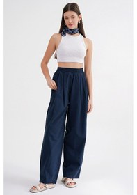 Resim Mixray 4682 Kadın Beli Lastikli Jogger Bol Keten Pantolon Lacivert 