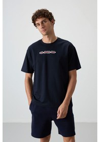 Resim Air Jones Tommy Life Lacivert Pamuklu Kalın Yüzeyi Dokulu Oversize Fit Baskılı Erkek T-shirt - 88365 Lacivert 