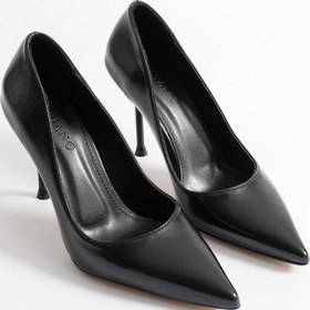 Resim Marvella Kadın Siyah Deri Sivri Burun Yüksek İnce Topuklu Ayakkabı Stiletto 9.5 Cm Siyah 
