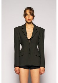 Resim Kadın Koyu Haki Agraflı Bele Oturan Blazer Koyu Haki 