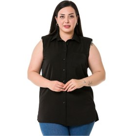 Resim Büyük Beden Tek Cepli Vatkalı Kolsuz Siyah Gömlek-siyah Siyah 