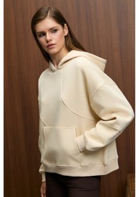 Resim Grimelange ELYRA Kadın Oversize Dikiş Detaylı Kapüşonlu Vizon Sweatshirt 