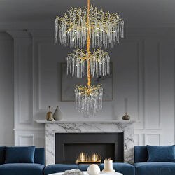 Resim Laura 3 Katlı Gold Kristal Taşlı Oturma Odası, Su Damlası Taşlı Salon Avize Apliqa