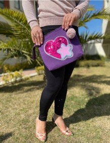 Resim Pembe Payetli Kalp Aplikeli Portföy Clutch El Çantası 25x29 Cm Renkli 