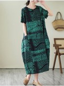 Resim Dımanaf 2023 Büyük Beden Elbise Yaz Kadın Keten Çiçek Desenli Bol Plaj Rahat Vintage Cepler Yeşil 