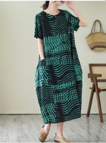 Resim Dımanaf 2023 Büyük Beden Elbise Yaz Kadın Keten Çiçek Desenli Bol Plaj Rahat Vintage Cepler Yeşil 