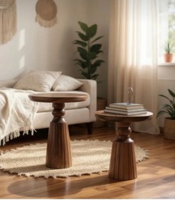 Resim AYLESA Doğal Ahşap 2’li Set Mantar Yan Sehpa Modern Fiskos Zigon Çiçeklik 