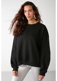 Resim Grimelange Vaneltına İçi Polarlı 3 İplik Organik Pamuk Oversize Basic Bisiklet Yaka Kadın Sweatshirt - Siyah 