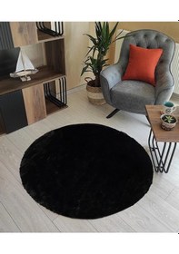 Resim Raschel Carpet Siyah Lüks Raschel Taban Yıkanabilir Kaymaz Taban Yuvarlak Peluş Halı Yolluk Siyah 