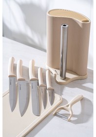 Resim Acar Cooper 8 Parça Standlı Kesme Tahtası Ve Bıçak Seti Krem 