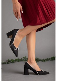 Resim Dilimler Ayakkabı Saten Taşlı Kalın Topuk Siyah Kadın Stiletto-2029-SIYAH Siyah 