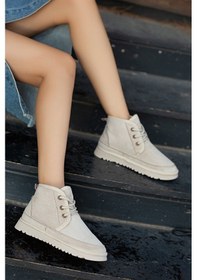 Resim Mini Kürk Astarlı Alçak Taban Bağcıklı Rahat Kadın Bot Bej 