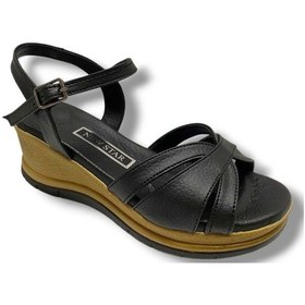 Resim C-shoes Ka02-25 Deri Anatomik Yanları Açık Dolgu Topuk Kadın Sandalet Siyah 