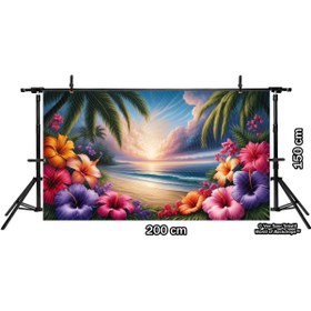 Resim Venspor Tropikal Gün Batımı ve Çiçeklerle Süslenmiş Arka Plan, 200x150cm Fon Duvar Örtüsü 