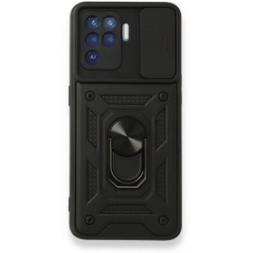 Resim Oppo Reno 5 Lite Tank Aramid Sürgülü Vega Yüzüklü Siyah Kılıf + Nano Cam Ekran Koruyucu 