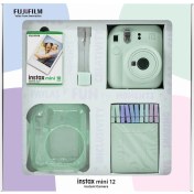 Resim Fujifilm Instax Mini 12 Yeşil Fotoğraf Makinesi 10'lu Film Simli Pleksi Kılıf Mandal ve Kıskaçlı Resim Standı Bundle Box 