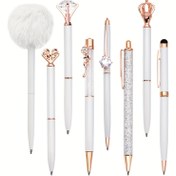 Resim 8 Parça Metal Kristal Elmas Simli Kalem Seti, Parlak Siyah Mürekkep, Şık ve Zarif Dolma Kalemler - Anneler Günü, Düğünler, Okul veya Ofis İçin Mükemmel Hediye - Pratik ve Stil Sahibi Yazı Aksesuarları 