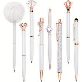 Resim 8 Parça Metal Kristal Elmas Simli Kalem Seti, Parlak Siyah Mürekkep, Şık ve Zarif Dolma Kalemler - Anneler Günü, Düğünler, Okul veya Ofis İçin Mükemmel Hediye - Pratik ve Stil Sahibi Yazı Aksesuarları 