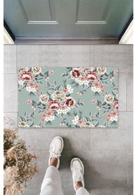 Resim Dijital Baskı Turkuaz Çiçek Kapı Paspası K-3201 