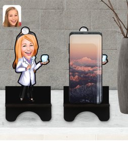 Resim Bk Gift Kişiye Özel Kadın Diş Hekimi Karikatürlü Ahşap Biblo Telefon Standı-1 