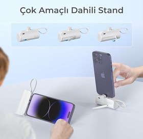 Resim Woyax iPhone Lightning Soketli Mini Powerbank 5000mAh Type-C Dahili Kablolu Taşınabilir Şarj Cihazı Beyaz 