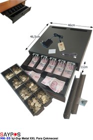Resim SAYPOS Butonlu ve Askılı İç-Dış Ful Metal Ağır Yük Para Çekmecesi 5 Banknotlu Ekstra Büyük 46x46,5x11cm 