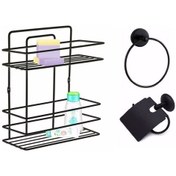 Resim Banyo Aksesuar Seti 3 Lü SİYAH , Ömür Boyu Paslanmaz Düz Banyo Rafı Şampuanlık SİYAH TŞ-02 