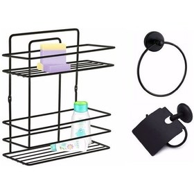Resim Banyo Aksesuar Seti 3 Lü SİYAH , Ömür Boyu Paslanmaz Düz Banyo Rafı Şampuanlık SİYAH TŞ-02 
