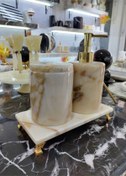 Resim Sümeyra Marble Art Light Sugar - Doğal Sarı Hareli Mermer Banyo Seti 3'lü | Gold Ayaklı | 