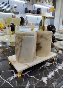 Resim Sümeyra Marble Art Light Sugar - Doğal Sarı Hareli Mermer Banyo Seti 3'lü | Gold Ayaklı | 