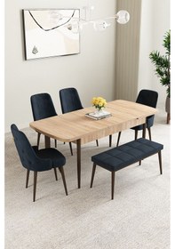 Resim Clara Meşe Desen 80x132 Açılabilir Mdf Masa Yemek Odası Takımı,mutfak Takımı 4 Sandalye 1 Bench Antrasit 