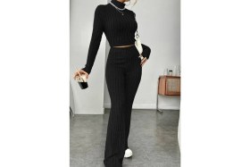 Resim Cm Store Kadın Siyah Boğazlı Crop Top ve Yüksek Bel Eşofman Takımı Spor Şık Kombin 