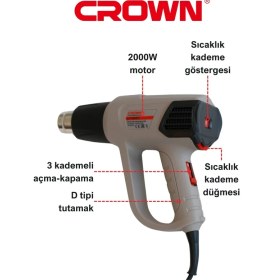 Resim Crown Sıcak Hava Tabancası 2000 W CT19007 - Bakır Sargılı 3 Kademeli Sıcak Hava Üfleme 
