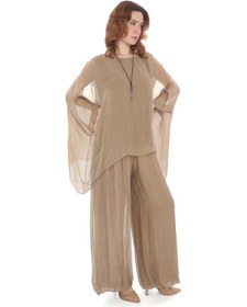 Resim Bohem Stil İtalyan Yarasa Kol İpek Bluz & Pantolon Takım-8767 Camel 