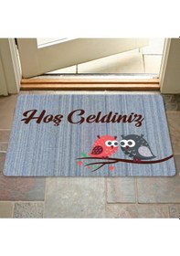 Resim Dijital Baskılı Kapı Önü Paspas Hoşgeldiniz Yazılı Çiçek Desen Ve Kedi Iç Ve Dış Kapı Yıkanabilir Mavi 