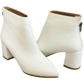 Resim Günlük Kadın Kısa Bot Kalın Topuklu Fermuarlı Sivri Burunlu Tırtıklı Taban Kürklü Astarlı Bootie 211 Mahmut Özer Beyaz Cilt 