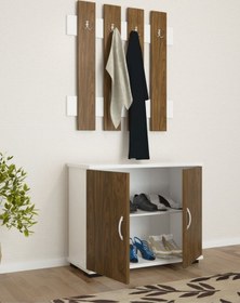 Resim Portmanto Takım Ayakkabılık Vestiyer Askılıklı Ayakkabı Dolabı Raflı Ceviz - Beyaz 