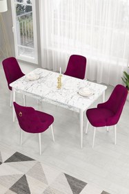Resim Canisa Lav Serisi 80x130 Sabit Beyaz Mermer Desen Masa Takımı Ve 4 Mürdüm Sandalye 