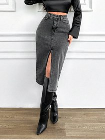 Resim cms jeans Kadın Yüksek Bel Yırtmaçlı Siyah Kar Yıkama Midi Boy Likralı Kot Etek 