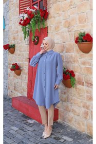 Resim HNT Hayrunnisa Tesettür Uzun Düğmeli Tunik Mavi HNT8533 