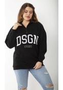 Resim Kadın Büyük Beden Siyah İçi Şardonlu Ön Pat Fermuarlı Nakışlı Sweatshirt 65n37207-siyah Siyah 